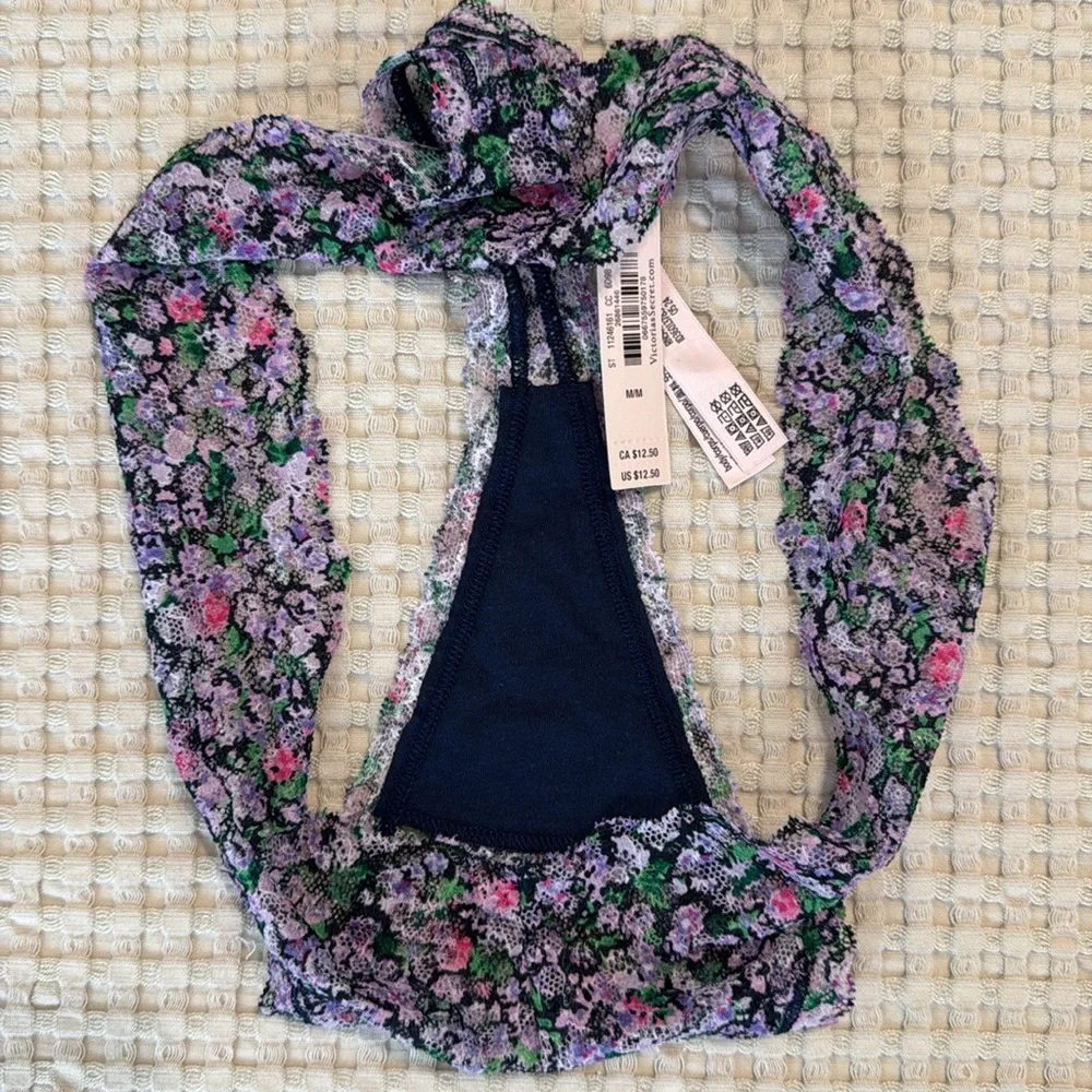 Victoria’s Secret The Lacie Ensign Navy Ditsy Floral Lace Thong Blue Purple Pink